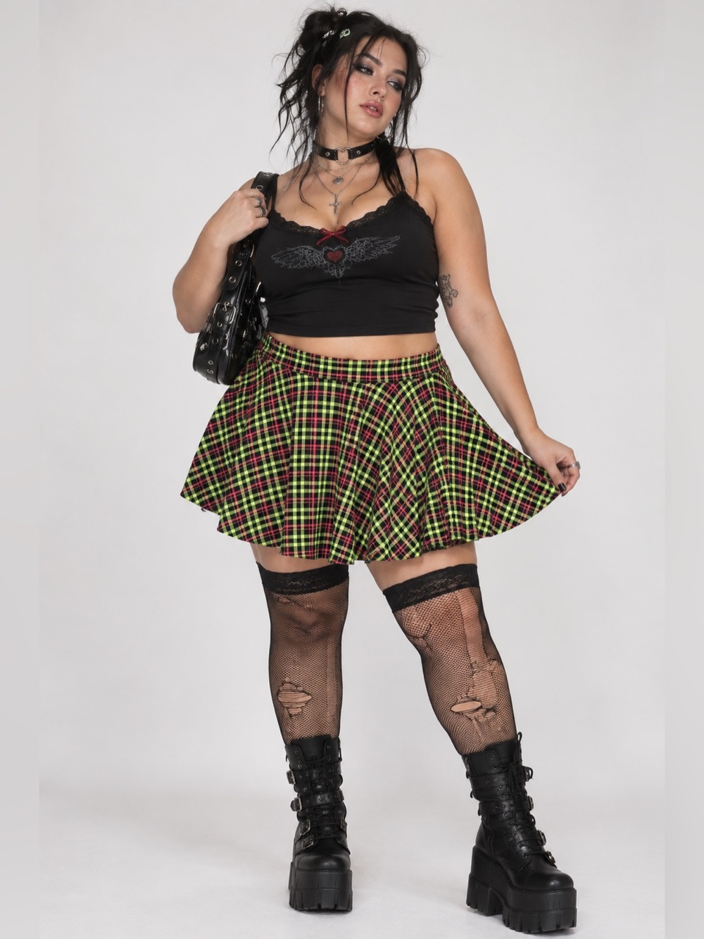 Current Mood Dolls Kill Plaid Skater Mini Skirt XL Neon Punk Goth Y2K